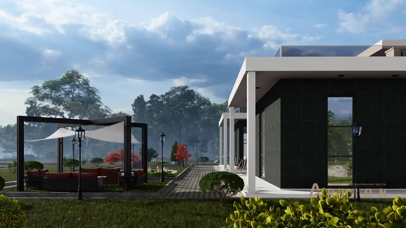 3. Проект двухэтажного дома в стиле хай-тек с плоской кровлей , h-1614, площадью - 545 кв c терассой, балконом, гаражом